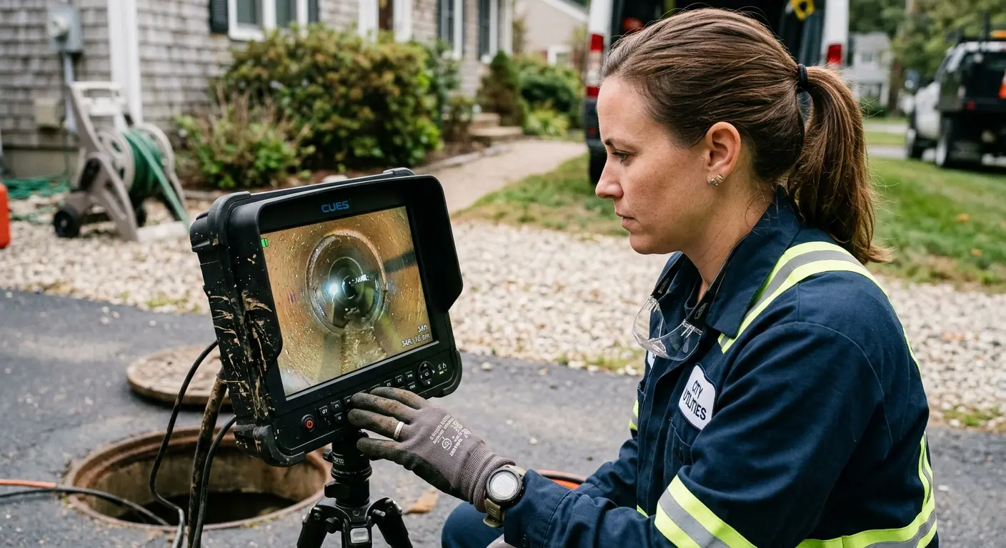 Technician reviewing sewer camera inspection footage in Eden