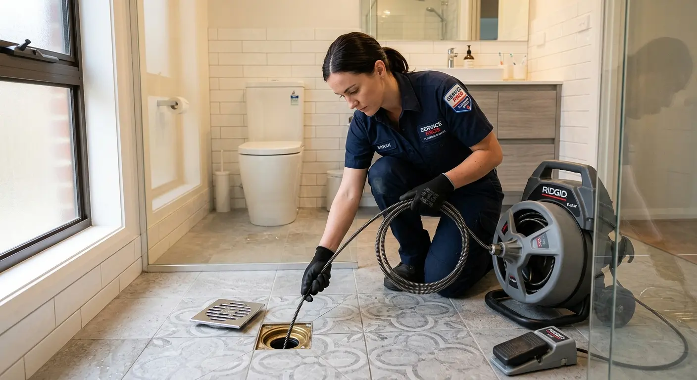 Technician clearing a bathroom floor drain for Sewer Line Installation in Eden